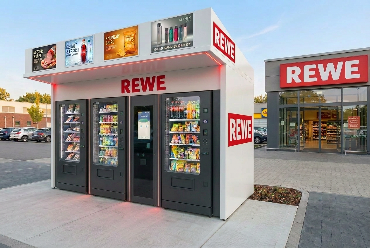 Automatenreihe mit Umhausung in REWE-Rot vor REWE-Supermarkt